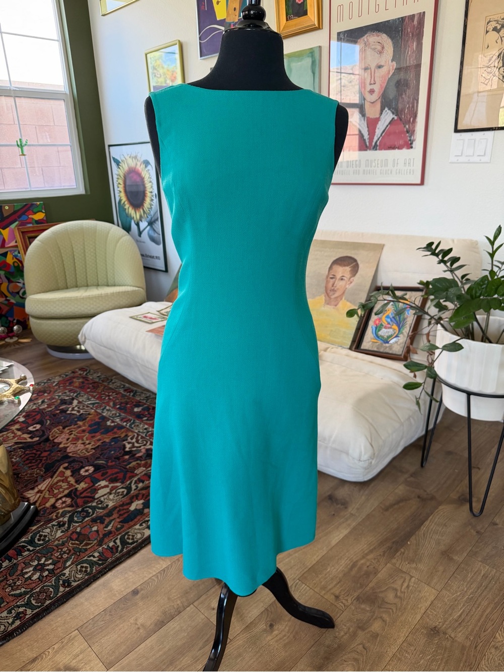 Oscar de la Renta Turquoise Sheath Minimalist Capsule Midi Dress